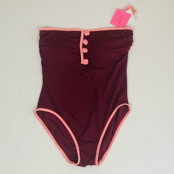 Kate Spade classic pique bandeau one piece in plum with pale pink trim. Large - Picture 3 of 9